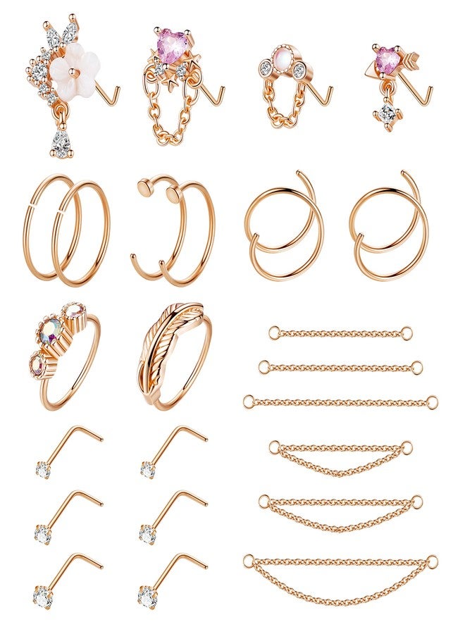 NICEIGHT 24Pcs 20G Stainless Steel Nose Ring Chain Piercing Across Double Nose Stud with Nose Chain Nostril Piercing Jewelry R - Image 1